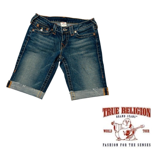 True Religion Sophie Bermuda Shorts Womens Size 27 Western Embroidered Denim‎ - Picture 1 of 10